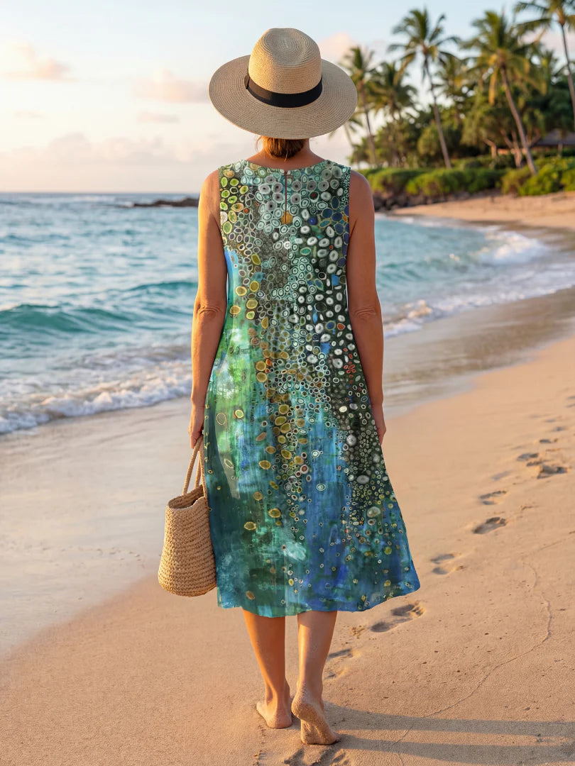 Tidal Swirl Mosaic Midi Dress – Relaxed Fit, Sleeveless, Breathable