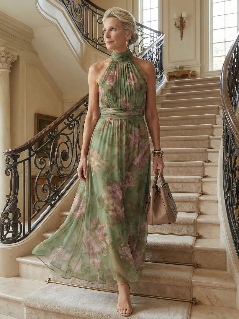 Sunlit Bloom Halter Midi Dress – Floral Gathered Bodice, Lightweight & Flowy