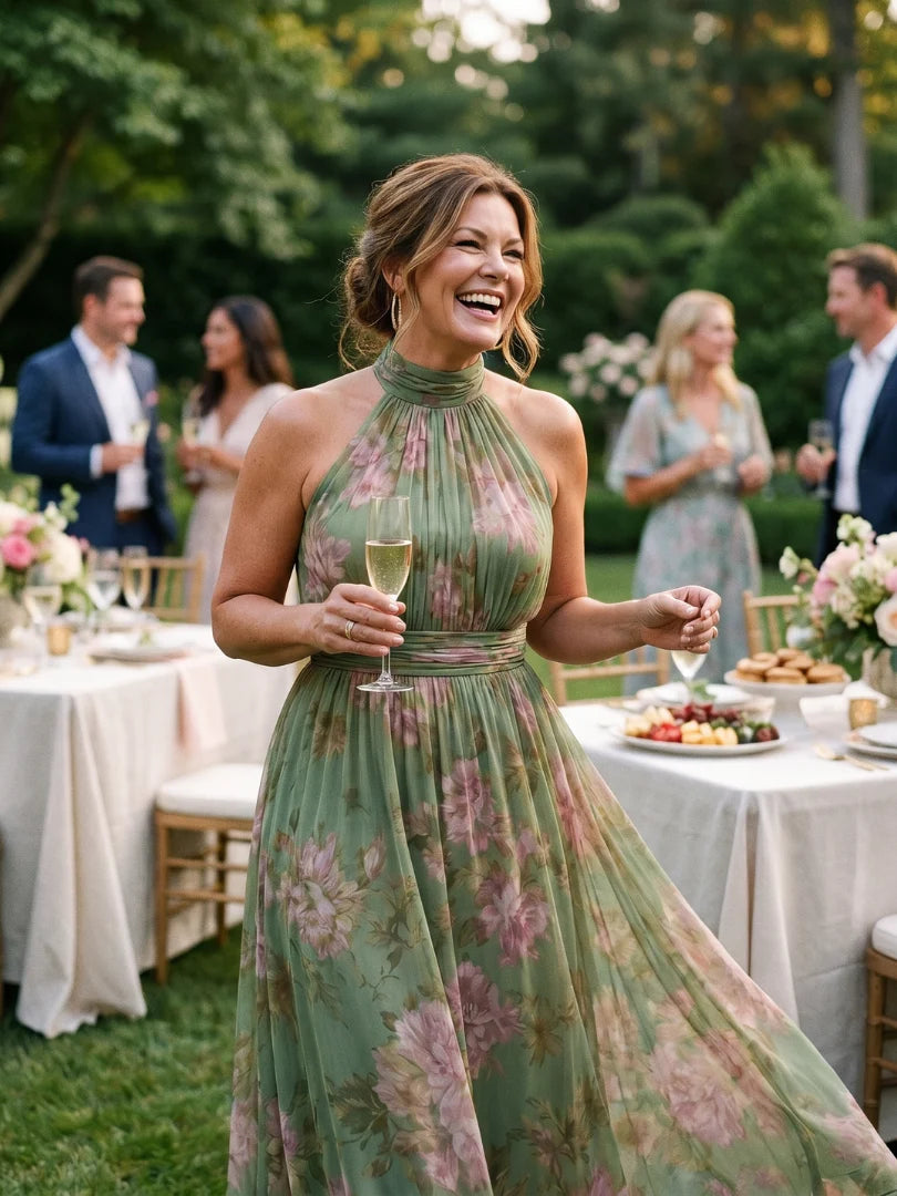 Sunlit Bloom Halter Midi Dress – Floral Gathered Bodice, Lightweight & Flowy