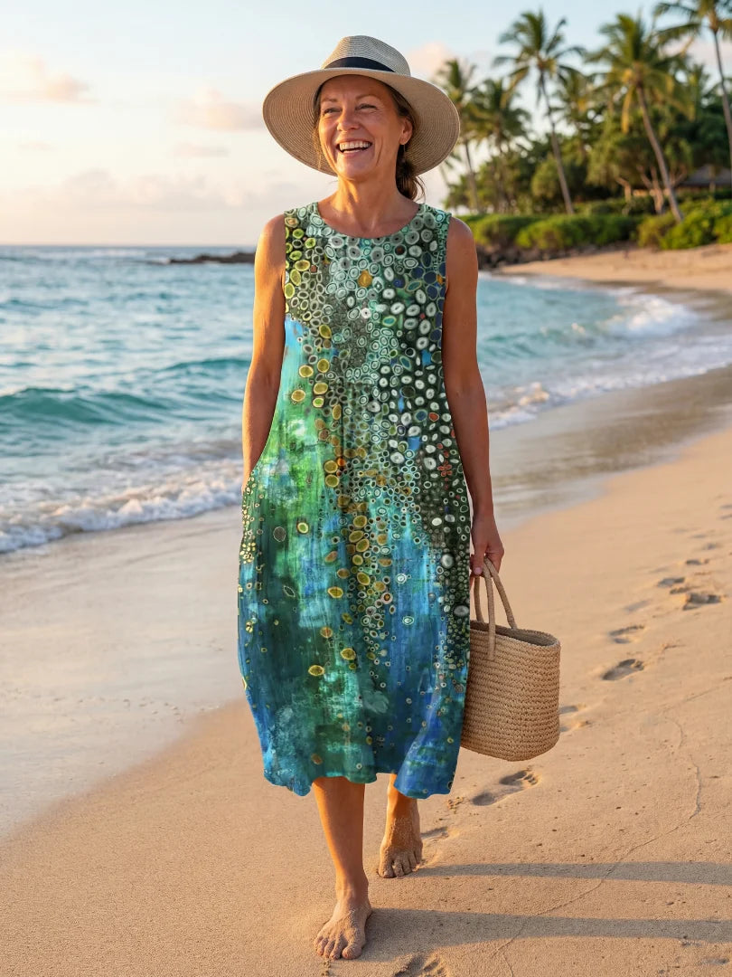 Tidal Swirl Mosaic Midi Dress – Relaxed Fit, Sleeveless, Breathable
