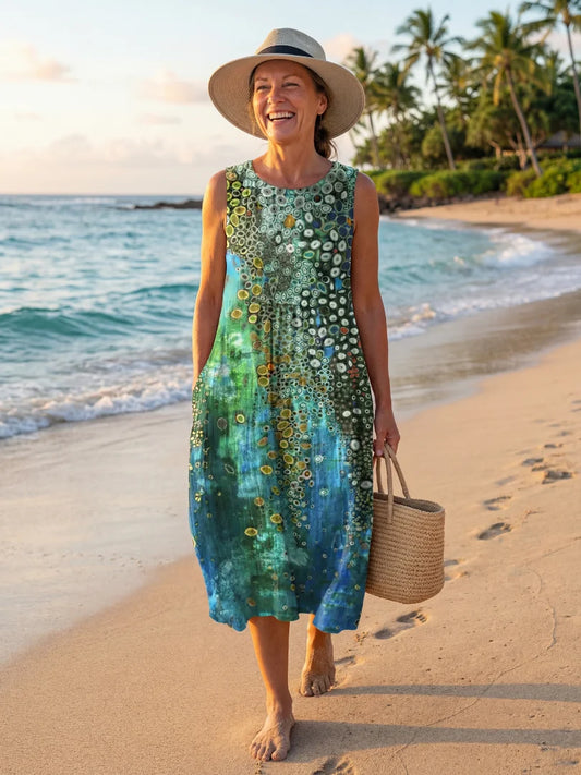 Tidal Swirl Mosaic Midi Dress – Relaxed Fit, Sleeveless, Breathable