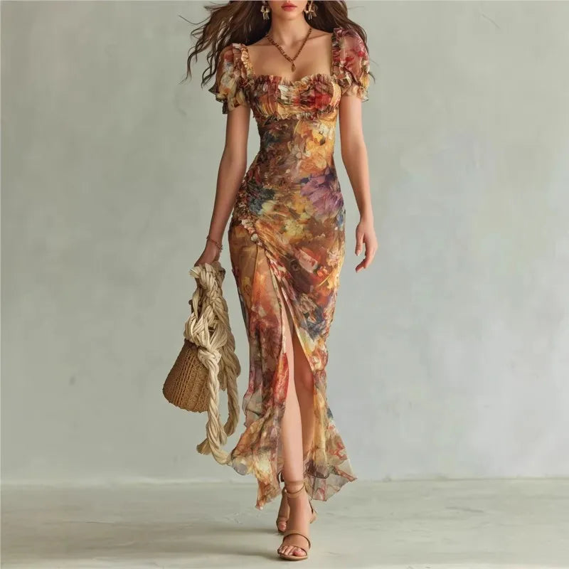 Aria Ruffle Sleeve Ruched Slit Midi Dress – Tailored Fit, Lightweight Fabric