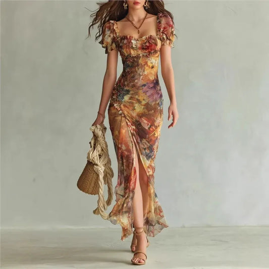 Aria Ruffle Sleeve Ruched Slit Midi Dress – Tailored Fit, Lightweight Fabric