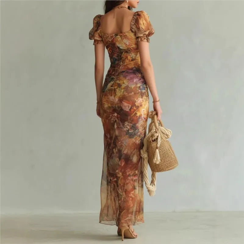 Aria Ruffle Sleeve Ruched Slit Midi Dress – Tailored Fit, Lightweight Fabric