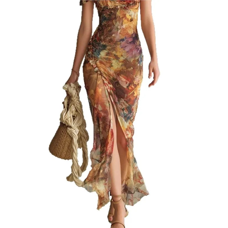 Aria Ruffle Sleeve Ruched Slit Midi Dress – Tailored Fit, Lightweight Fabric