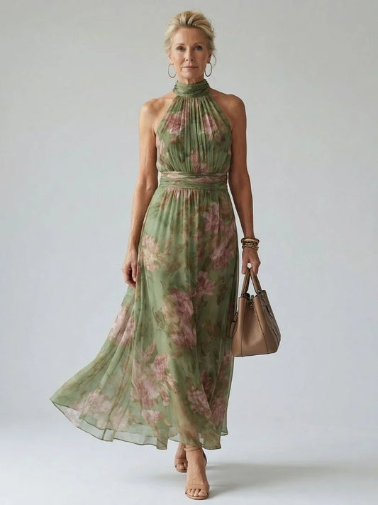 Sunlit Bloom Halter Midi Dress – Floral Gathered Bodice, Lightweight & Flowy