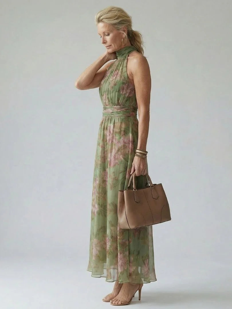 Sunlit Bloom Halter Midi Dress – Floral Gathered Bodice, Lightweight & Flowy