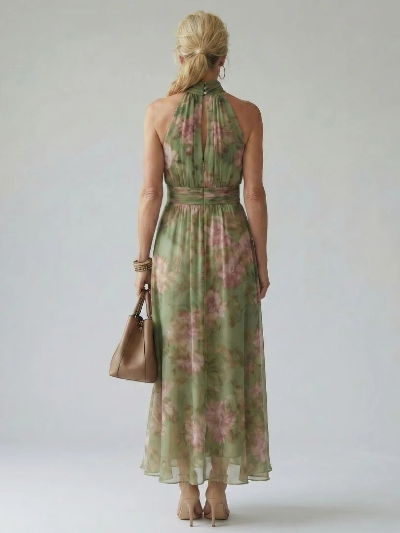 Sunlit Bloom Halter Midi Dress – Floral Gathered Bodice, Lightweight & Flowy