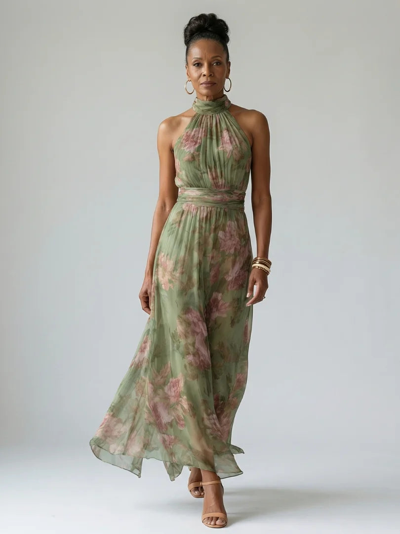Sunlit Bloom Halter Midi Dress – Floral Gathered Bodice, Lightweight & Flowy