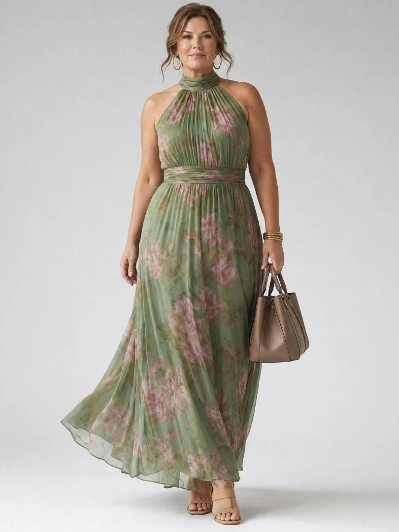 Sunlit Bloom Halter Midi Dress – Floral Gathered Bodice, Lightweight & Flowy